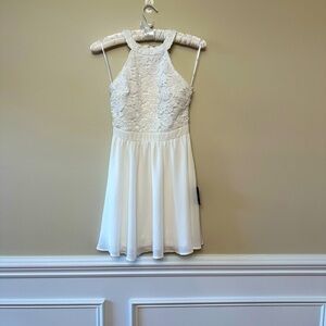 Lulus white floral lace halter high neck sleeveless skater dress new XS xsmall